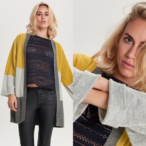 JDY Colorblock Knit Cardigan Yellow Grey Size Large Oversized Sweater Bohemian L - Picture 5 of 13